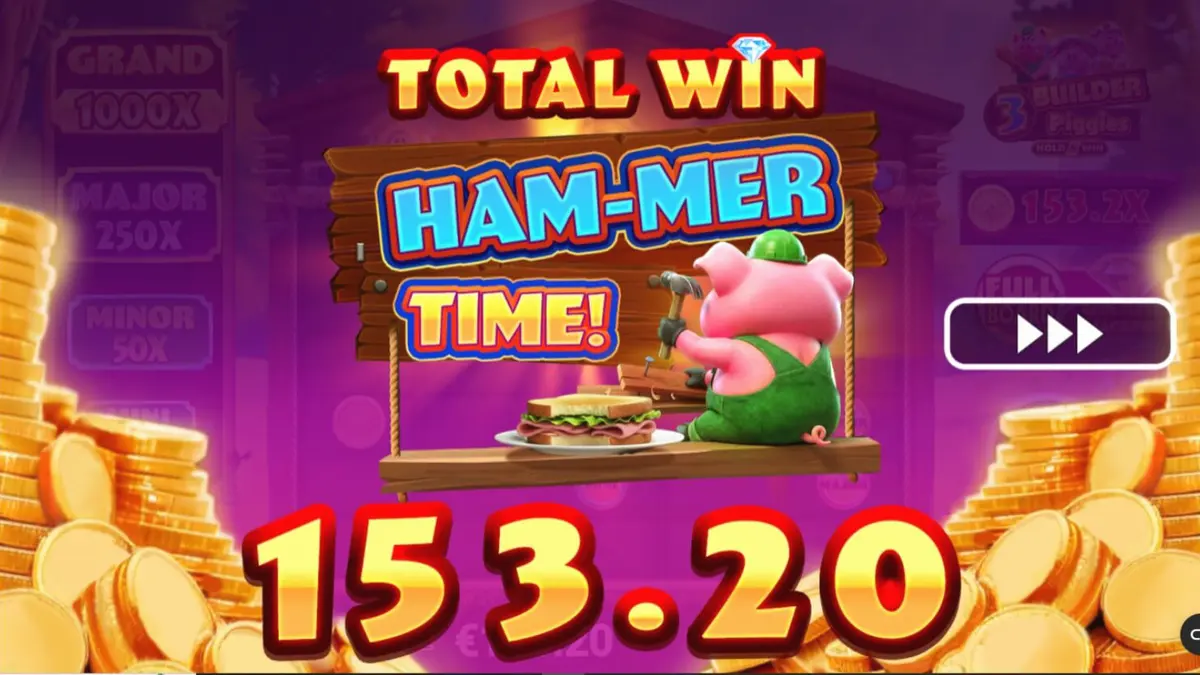 Interface vibrante do slot 3 Builder Piggies com porquinhos e casas de tijolos