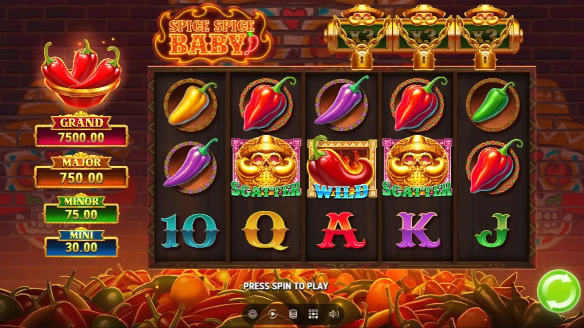 Tela de jogo do slot Spice Spice Baby com pimentas vibrantes e elementos festivos mexicanos.
