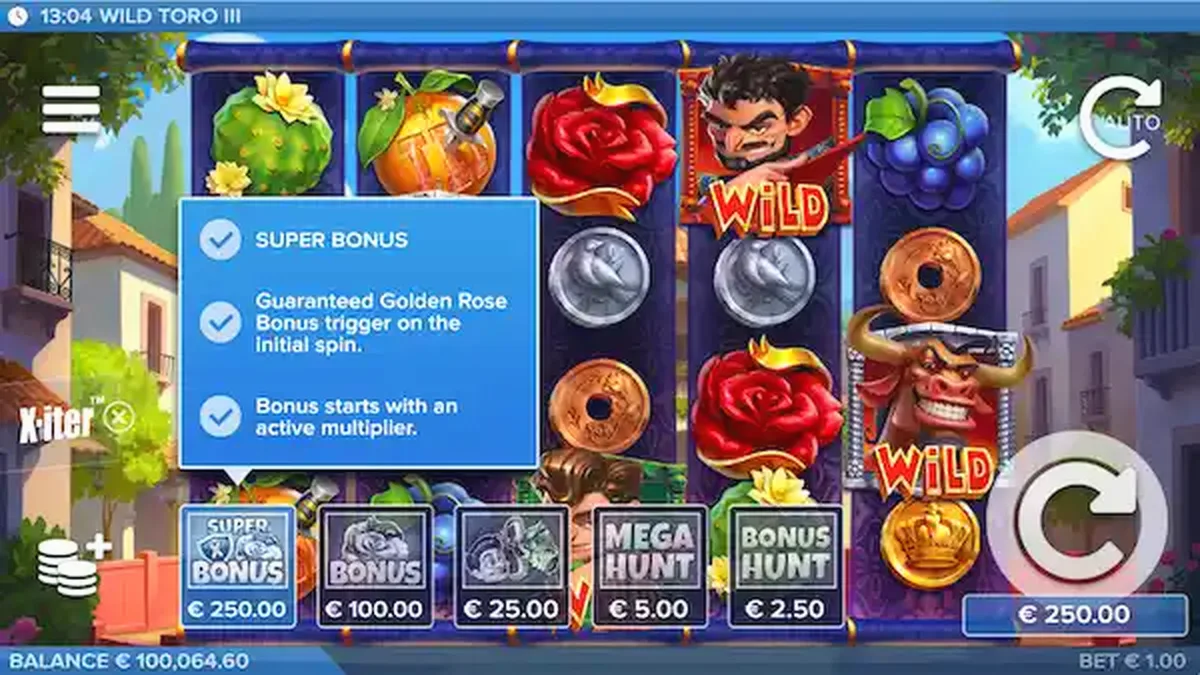 Painel de jogo do slot Wild Toro 3 com elementos visuais espanhóis