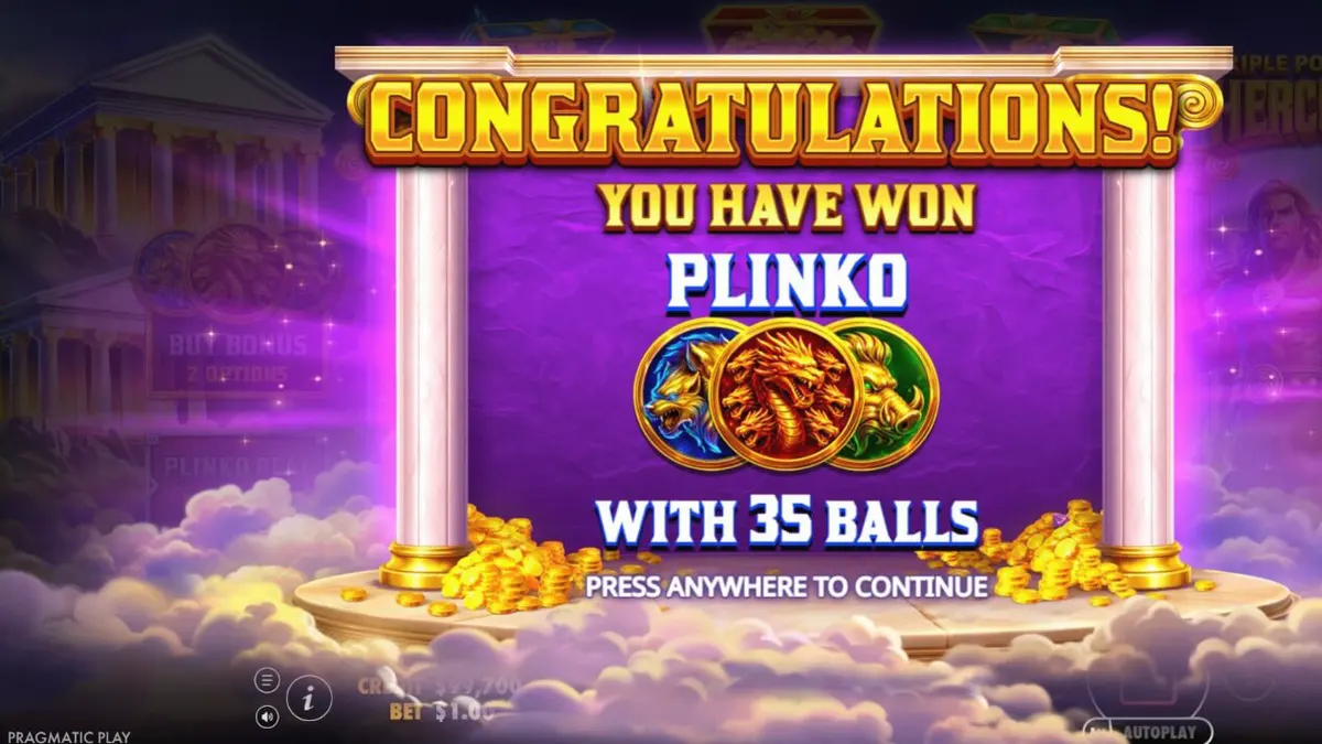 Interface do jogo Triple Pot Plinko – Hercules com temática do Monte Olimpo