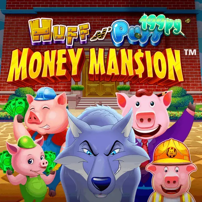 O slot Huff N Puff Money Mansion apresentando elementos temáticos de construção e luxo.